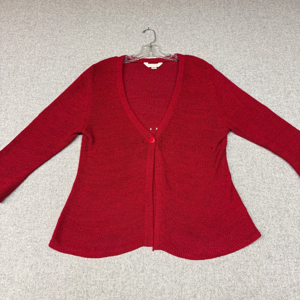 Traditions Cardigan Sweater Large Red Single Button Pointelle Knit Flared Hem L